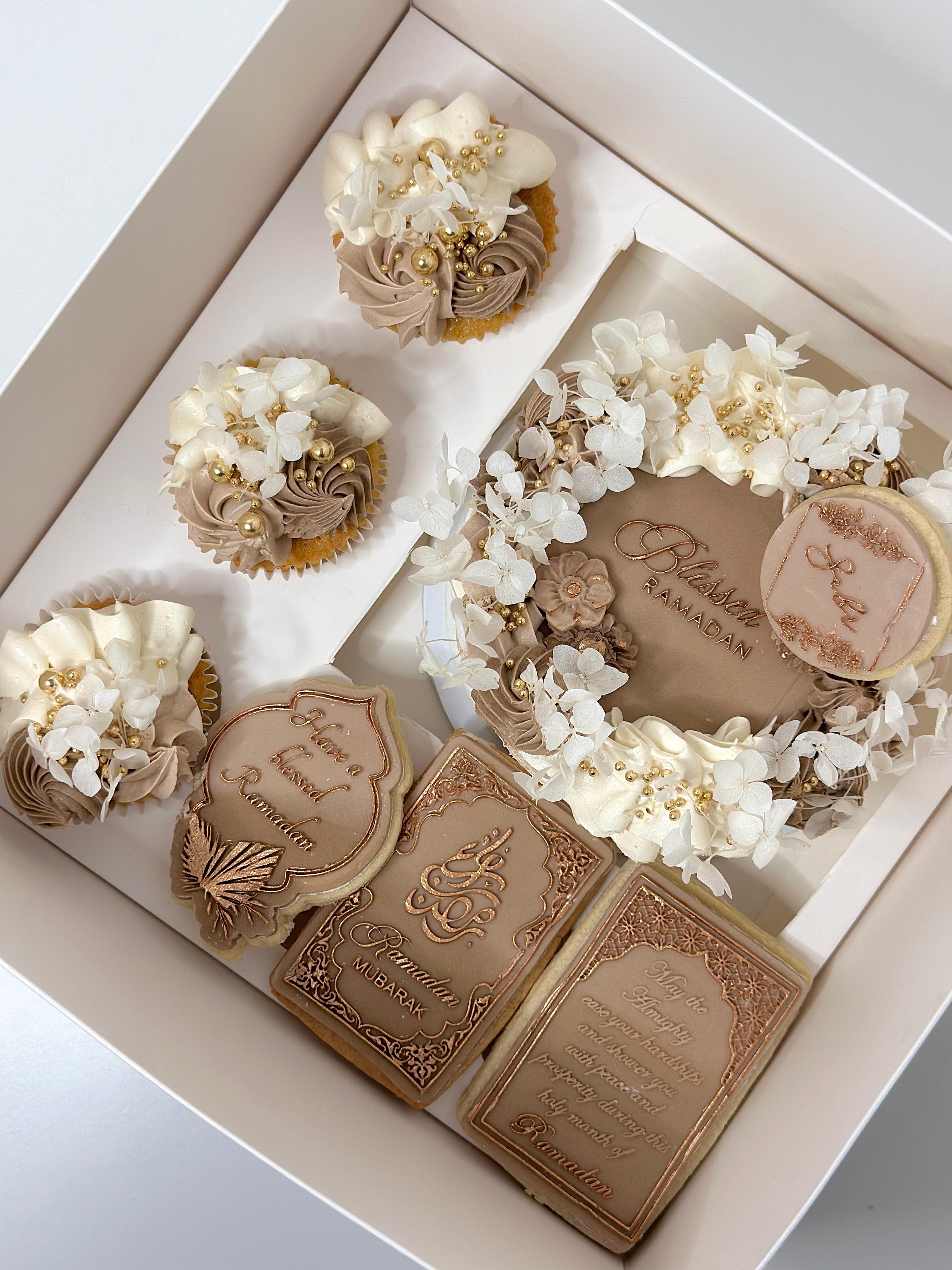 Ramadan cake with crescent moon topper and sugar pearls